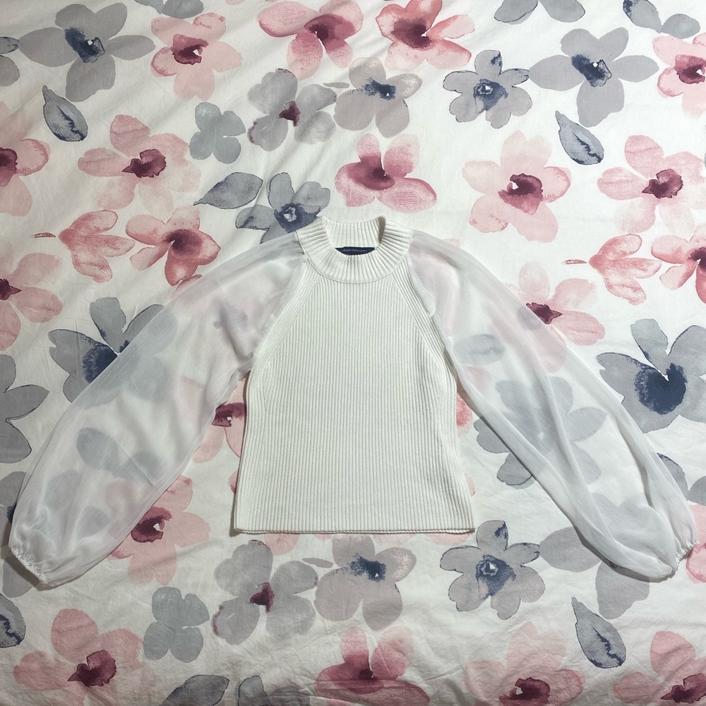 French Connection Ribbed White Blouse With Sheer Sleeves Size Large - Picture 3 of 7